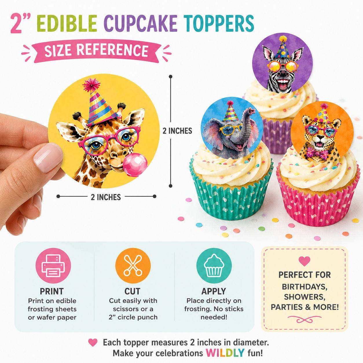 Safari cake topper set with cute jungle animals for cakes, cupcakes, and party desserts. Edible toppers printed on wafer paper or frosting sheets, perfect for Wild One birthdays, safari baby showers, zoo & jungle themed parties. Colorful decorations for dessert tables. Set of 12 edible toppers, easy to apply on cakes, cookies & cupcakes