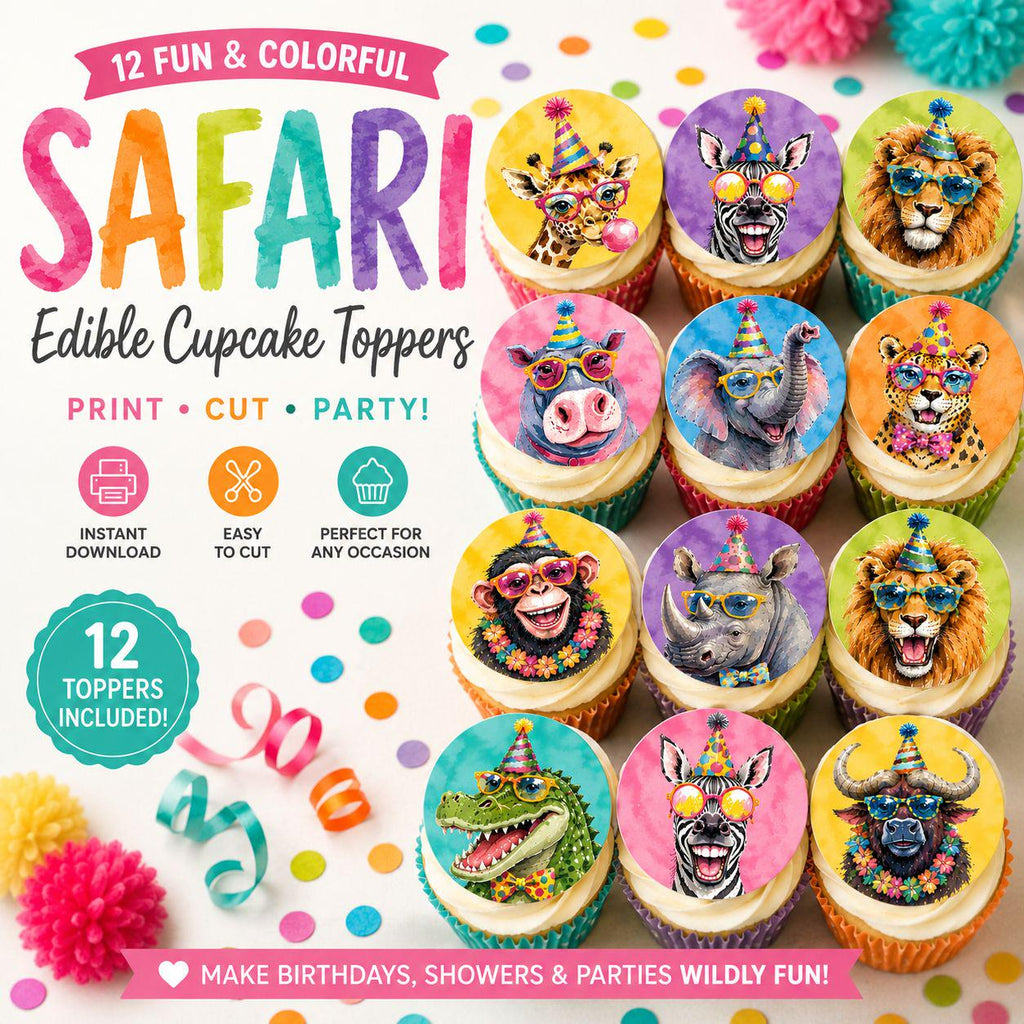 Safari cake topper set with cute jungle animals for cakes, cupcakes, and party desserts. Edible toppers printed on wafer paper or frosting sheets, perfect for Wild One birthdays, safari baby showers, zoo & jungle themed parties. Colorful decorations for dessert tables. Set of 12 edible toppers, easy to apply on cakes, cookies & cupcakes