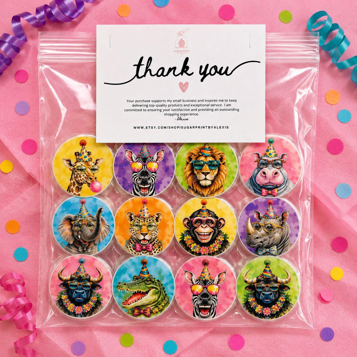 Safari cake topper set with cute jungle animals for cakes, cupcakes, and party desserts. Edible toppers printed on wafer paper or frosting sheets, perfect for Wild One birthdays, safari baby showers, zoo & jungle themed parties. Colorful decorations for dessert tables. Set of 12 edible toppers, easy to apply on cakes, cookies & cupcakes