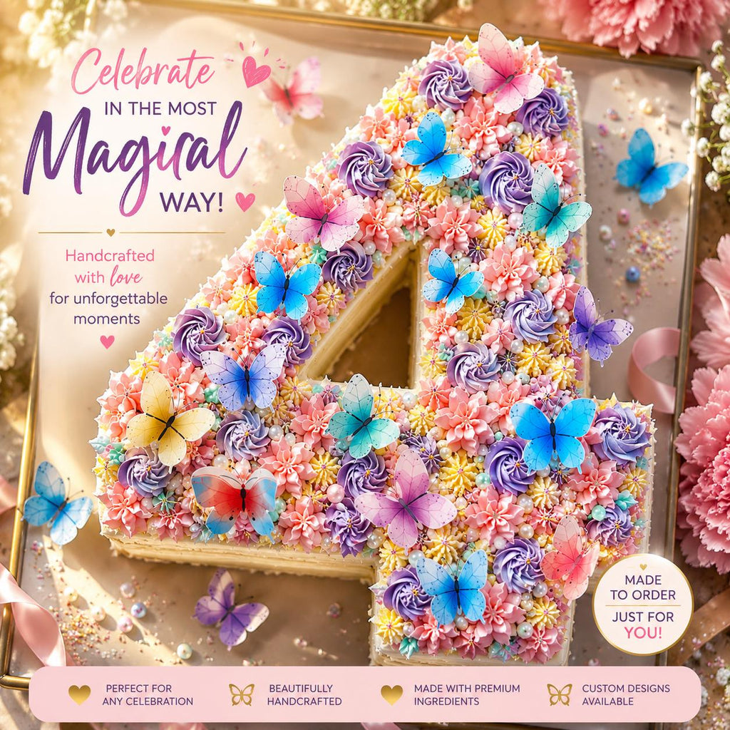 A number four shaped cake decorated with pink, yellow, and purple frosting swirls, white pearl sprinkles, and numerous colorful butterfly cutouts. The text reads Celebrate in the most magical way, Handcrafted with love, and Made to order.