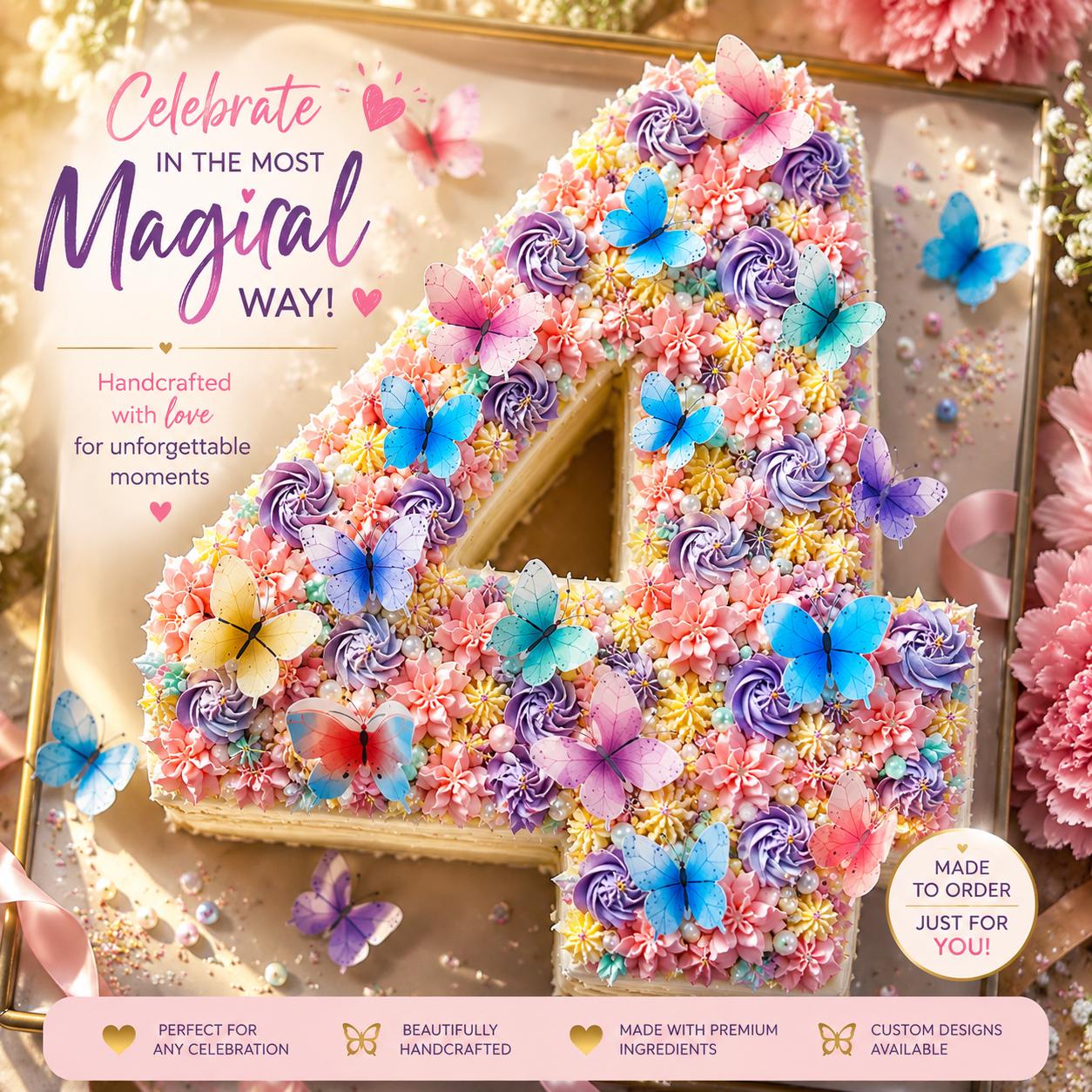 A number four shaped cake decorated with pink, yellow, and purple frosting swirls, white pearl sprinkles, and numerous colorful butterfly cutouts. The text reads Celebrate in the most magical way, Handcrafted with love, and Made to order.