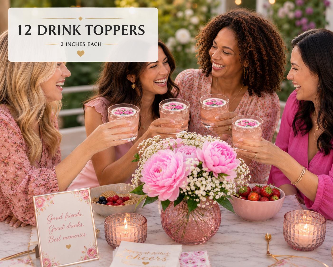 A set of 12 round drink toppers, each measuring 2 inches in diameter, featuring a floral design. The toppers are shown resting on the surface of pink beverages in clear glasses, each decorated with a small cluster of pink flowers.