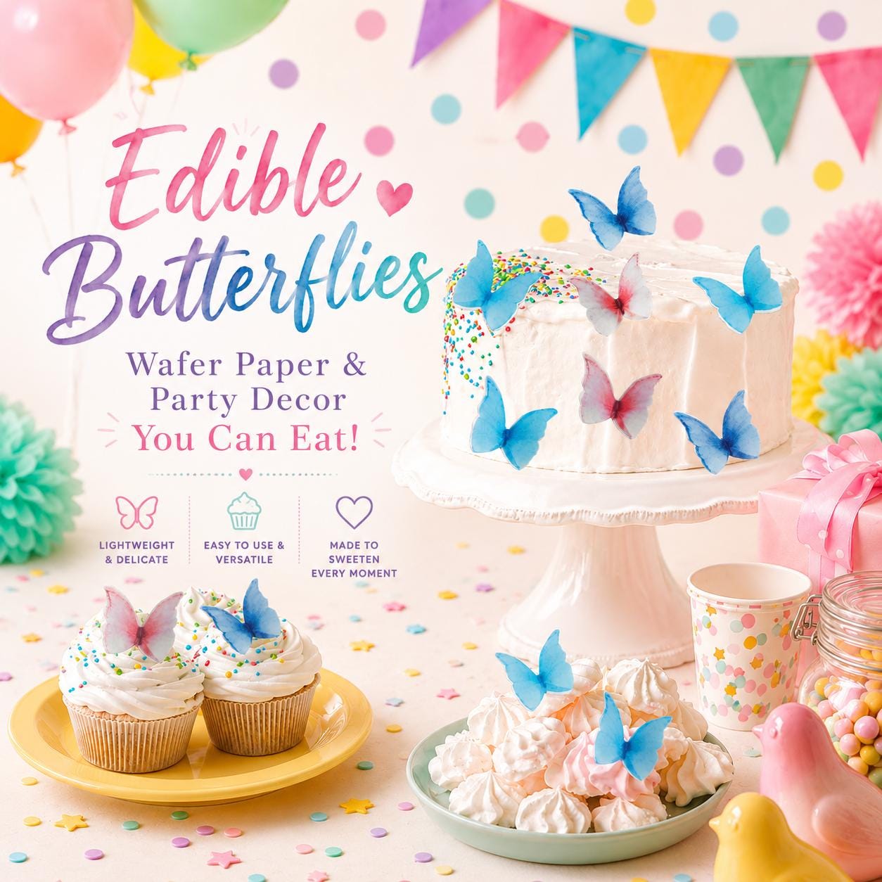 Colorful edible butterfly cake toppers made from rice wafer paper, featuring assorted sizes and vibrant designs. Set of 40 pre-cut butterflies for decorating cakes, cupcakes, cookies, desserts, fruit platters, and party treats. Lightweight edible decorations with foldable wings for a realistic 3D effect. Perfect for weddings, birthdays, baby showers, bridal showers, princess parties, anniversaries, and spring or summer themed celebrations.