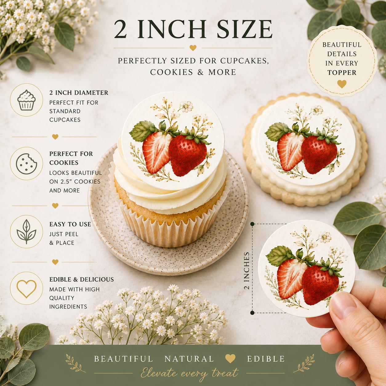 2-inch edible cupcake topper size comparison showing watercolor strawberry fruit design on a standard cupcake, cookie, and handheld topper for easy sizing reference.