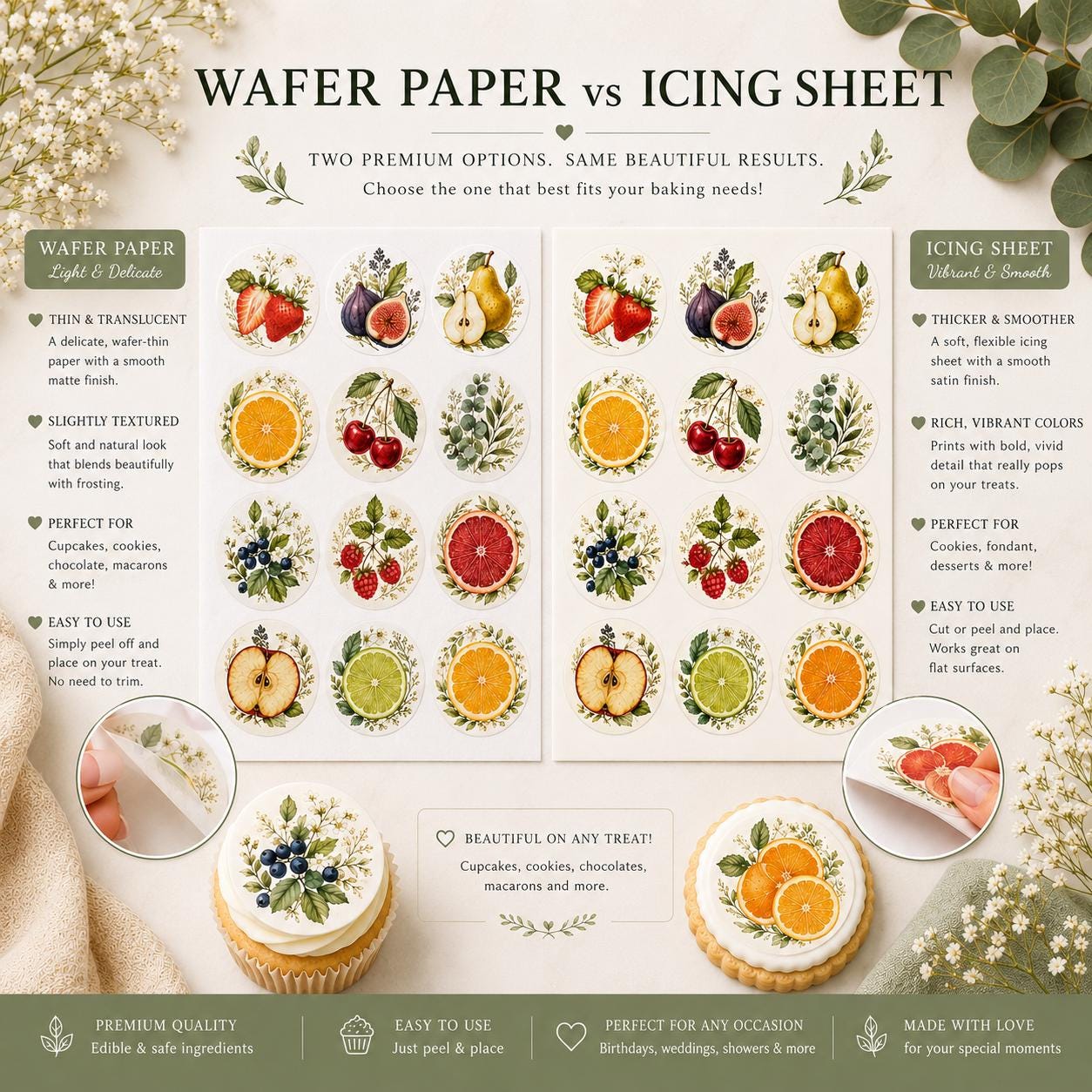 Pressed FRUIT & Botanical CUPCAKE TOPPERS Citrus Decorations Wafer Paper Icing Sheet Pre Cut, Set of 12