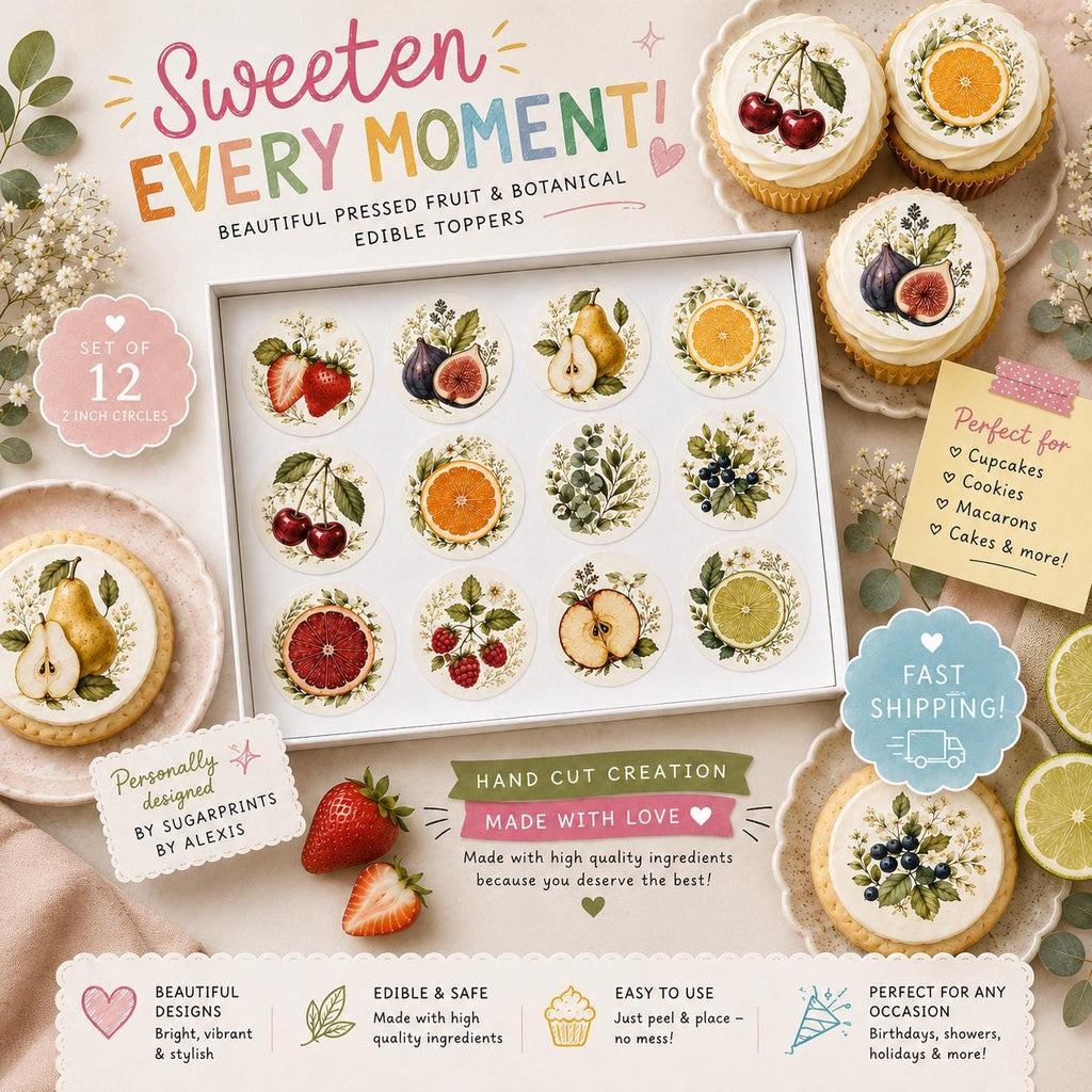 Pressed fruit and botanical edible toppers displayed on cupcakes and cookies with watercolor fruit designs including strawberries, cherries, pears, figs, citrus slices, and botanical leaves for elegant party desserts