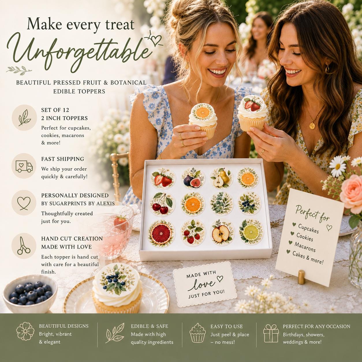 Women enjoying cupcakes decorated with pressed fruit edible toppers at an outdoor garden party featuring watercolor fruit designs and botanical details.