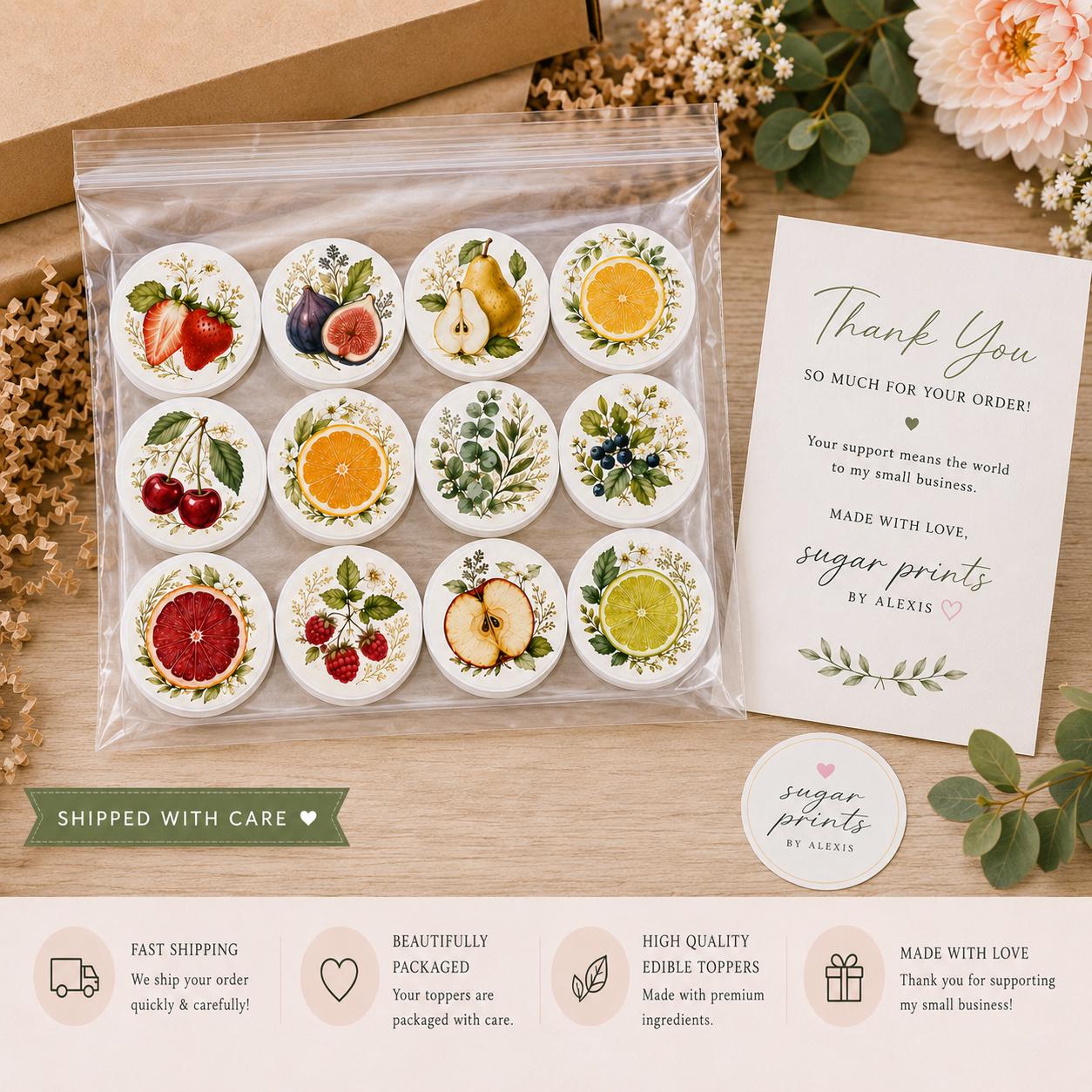 Pressed fruit edible toppers packaged in a clear sealed bag with a SugarPrints by Alexis thank you card, showcasing handmade packaging and fast shipping presentation.