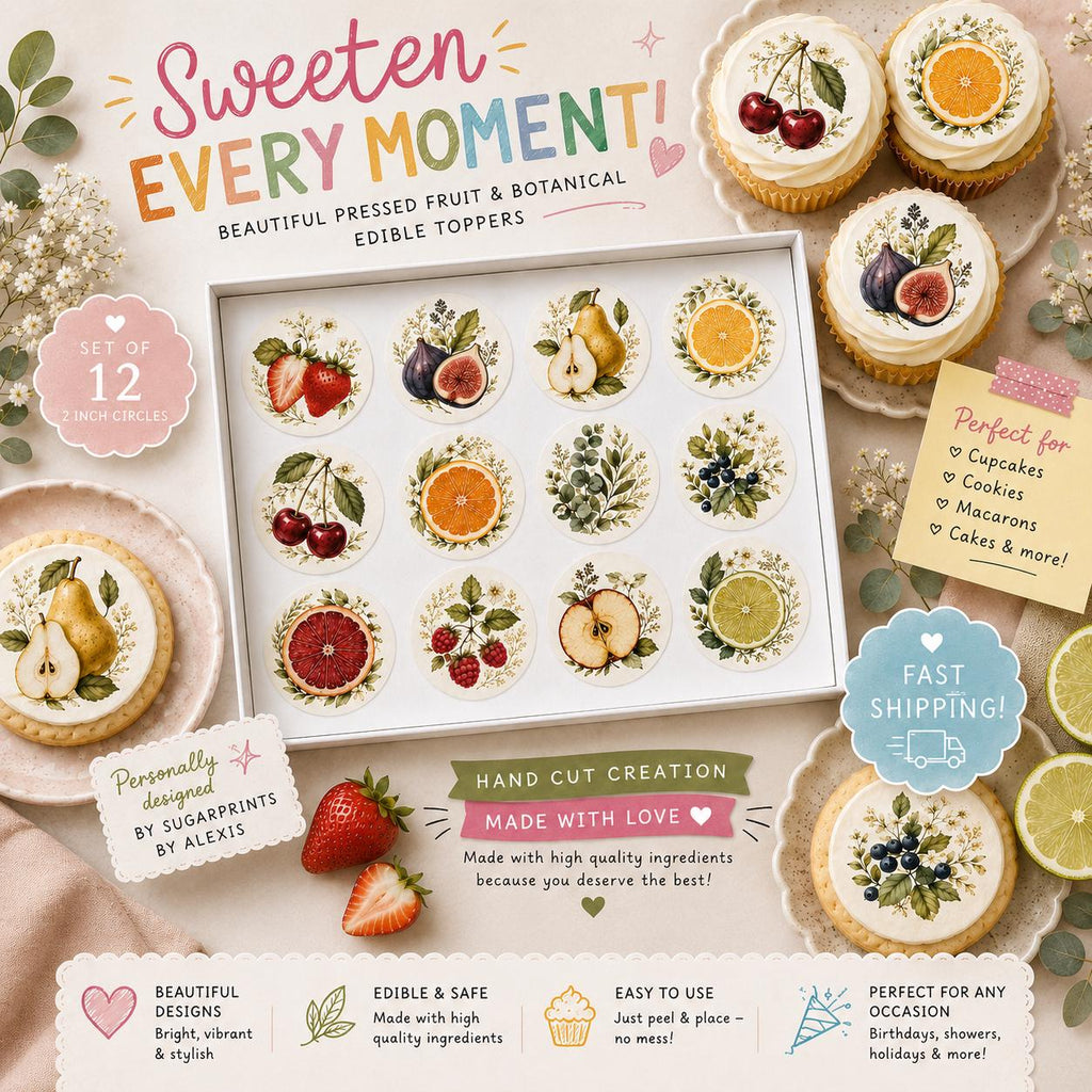 Elegant pressed fruit edible toppers styled on cupcakes and cookies in a summer garden setting with fresh flowers, berries, citrus fruit, and botanical accents.