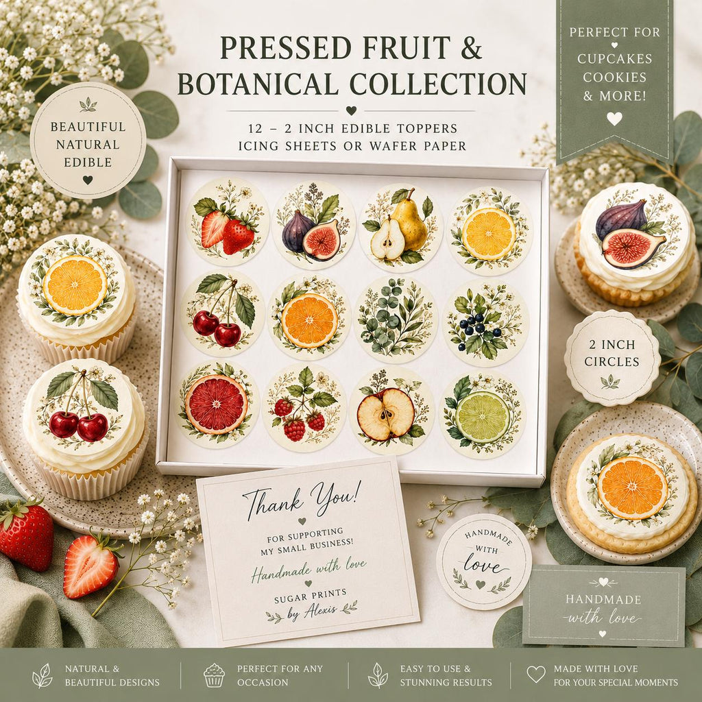 Pressed fruit and botanical edible topper collection displayed with cupcakes, cookies, floral accents, and packaging details highlighting premium quality and handmade craftsmanship.