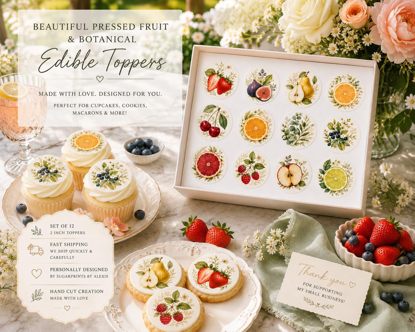 Pressed fruit and botanical edible topper collection displayed with cupcakes, cookies, floral accents, and packaging details highlighting premium quality and handmade craftsmanship.