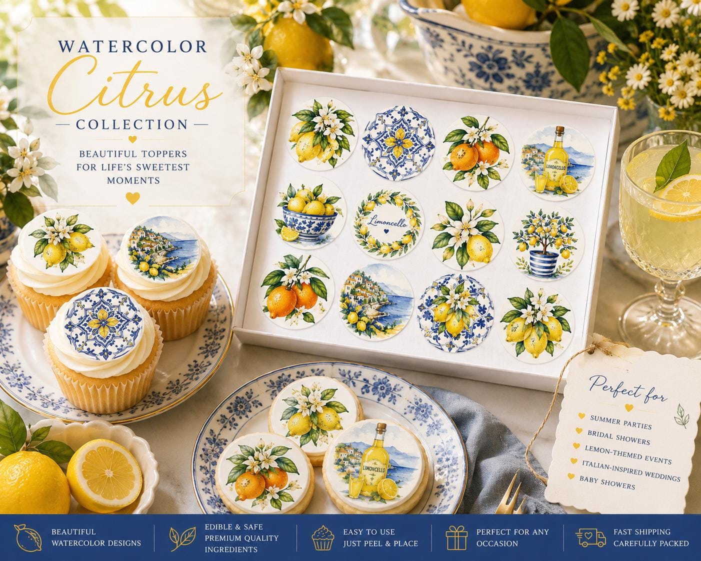 Watercolor Citrus edible toppers displayed on cupcakes and cookies with bright lemon-themed styling. Italian-inspired edible decorations for bridal showers, summer parties, and dessert tables.