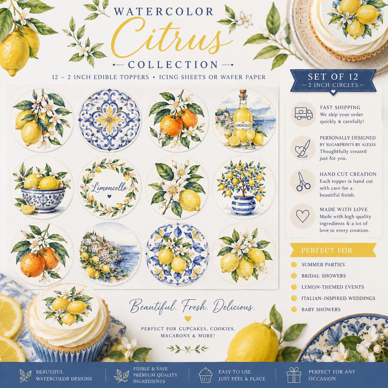 Italian-inspired Watercolor Citrus edible toppers displayed on cupcakes and cookies with lemons, citrus blossoms, and Mediterranean décor. Set of 12 edible cupcake toppers for summer parties, bridal showers, and weddings.