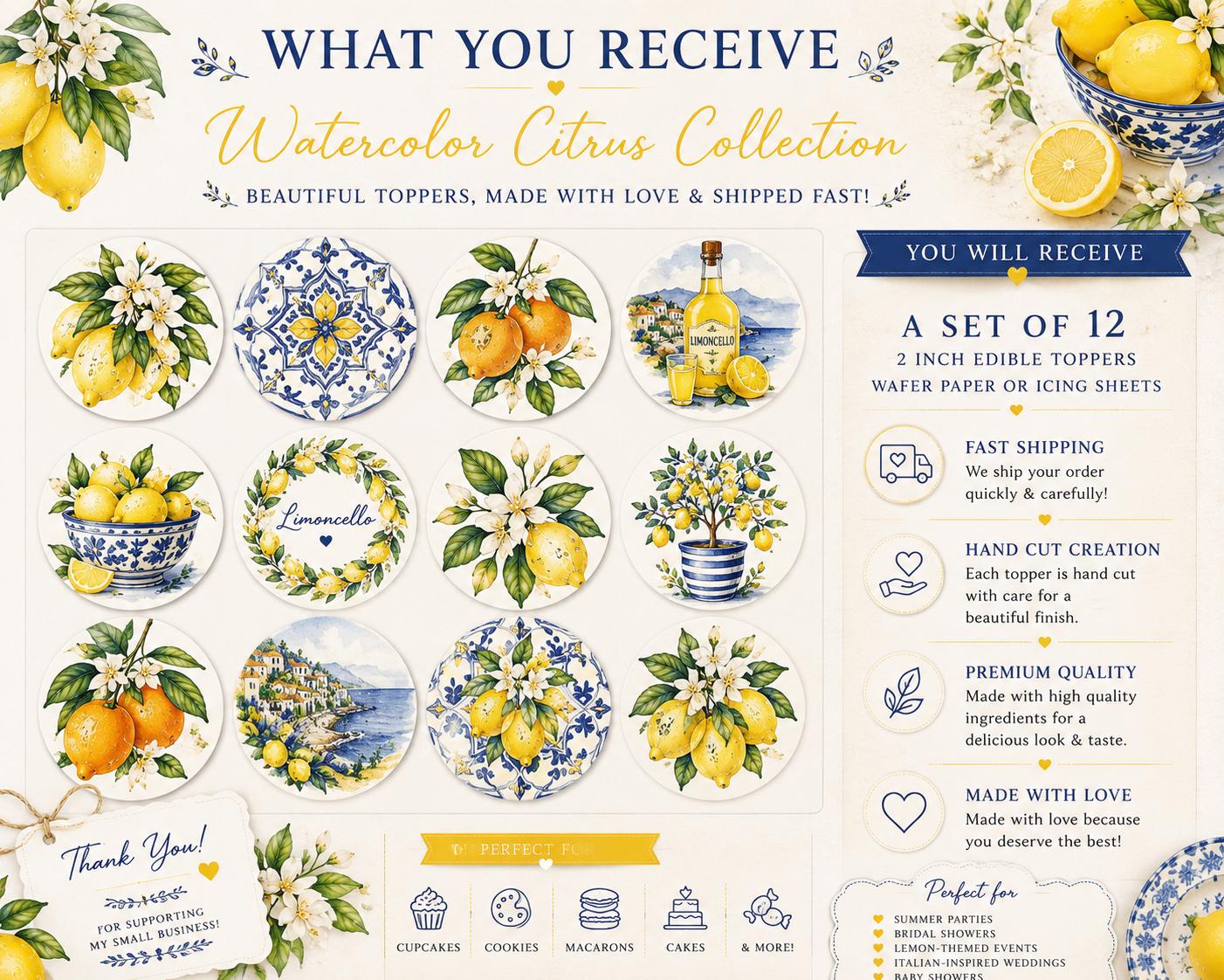 Set of 12 Watercolor Citrus edible cupcake toppers displayed in packaging layout. Includes pre-cut 2-inch circles featuring lemons, oranges, limoncello designs, and Mediterranean-inspired artwork.