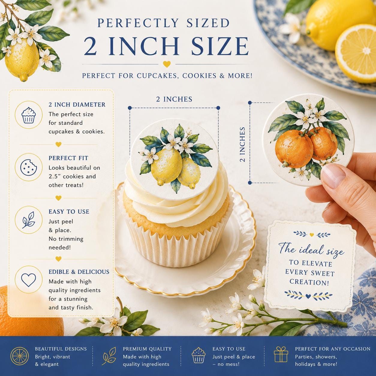 2-inch Watercolor Citrus edible topper shown on a cupcake, cookie, and held in hand for scale. Pre-cut edible cupcake decoration available in wafer paper or icing sheets.