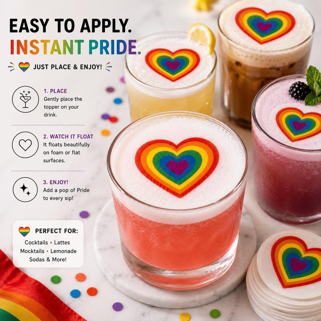 PRIDE RAINBOW EDIBLE Drink Toppers: Cupcake Toppers Set of 12, Wafer Paper And Icing Sheet, Party Decor
