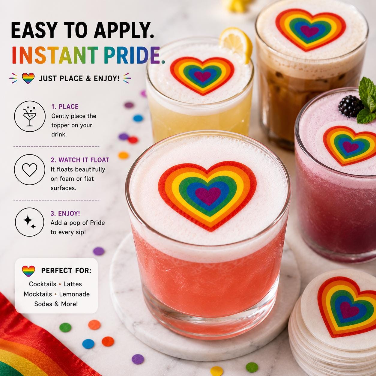 PRIDE RAINBOW EDIBLE Drink Toppers: Cupcake Toppers Set of 12, Wafer Paper And Icing Sheet, Party Decor