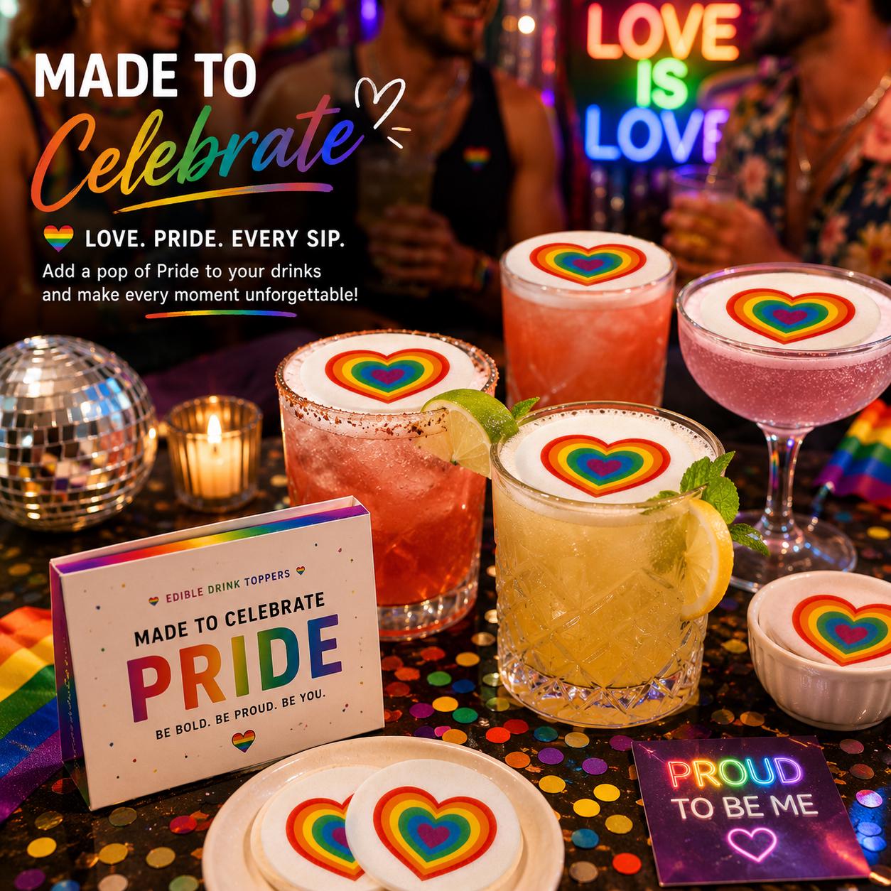 PRIDE RAINBOW EDIBLE Drink Toppers: Cupcake Toppers Set of 12, Wafer Paper And Icing Sheet, Party Decor