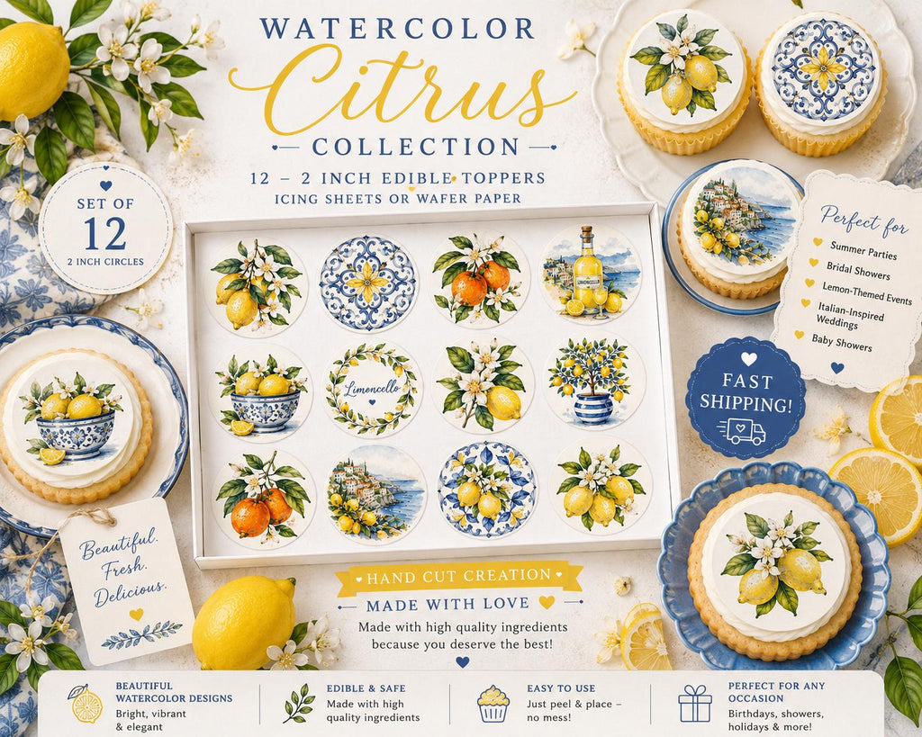 Watercolor Citrus edible cupcake toppers featuring lemons, oranges, limoncello motifs, citrus blossoms, Mediterranean tiles, and Italian coastal artwork. Set of 12 pre-cut 2-inch edible toppers available in wafer paper or icing sheets.