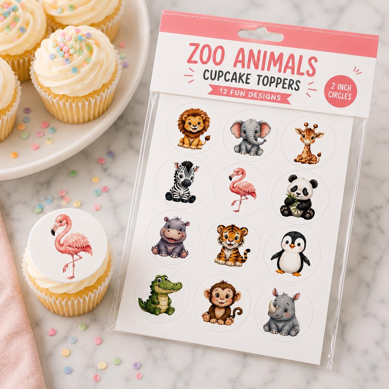 Monkey Tiger Penguin Rhino Custom Zoo Animal Cupcake Toppers Edible Zoo Birthday Decor Add Any Name Wafer Paper or Icing Sheet Set of 12