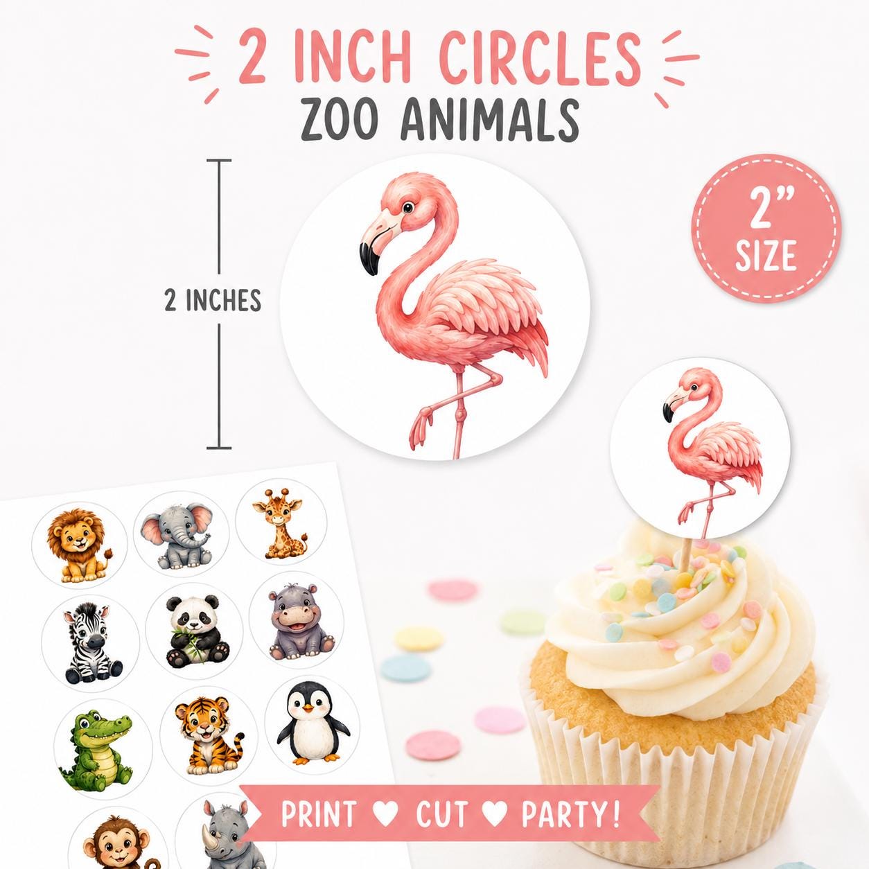Flamingo, lion, elephant, giraffe, alligator Custom Zoo Animal Cupcake Toppers Edible Zoo Birthday Decor Add Any Name Wafer Paper or Icing Sheet Set of 12