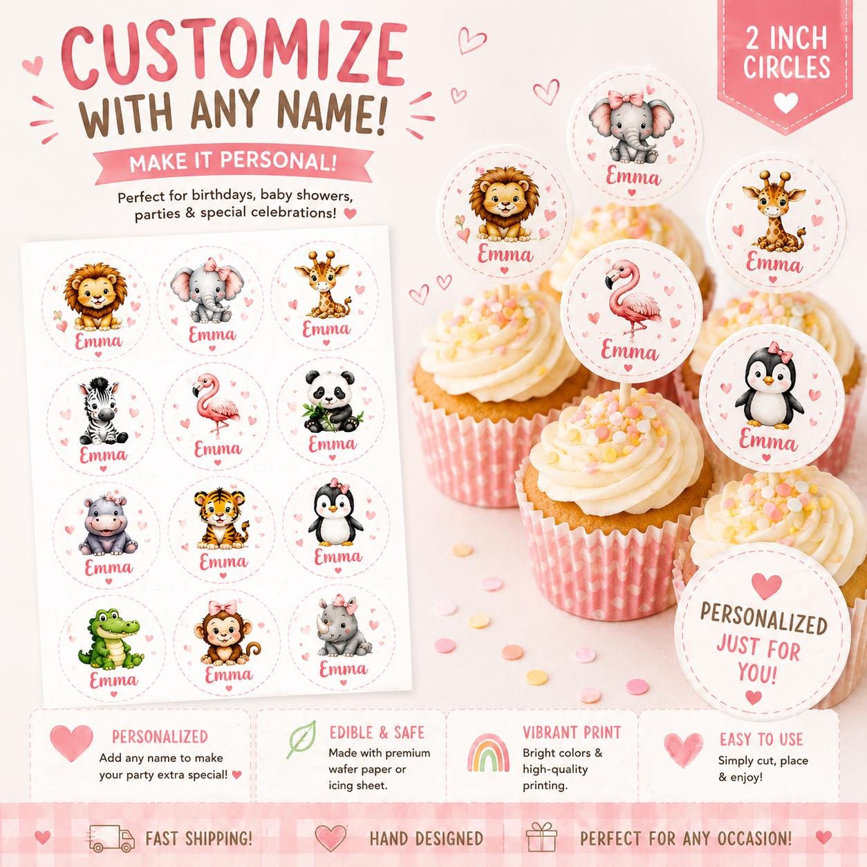 Custom Zoo Animal Cupcake Toppers Edible Zoo Birthday Decor Add Any Name Wafer Paper or Icing Sheet Set of 12 Add your child's name to Zoo Animal topper