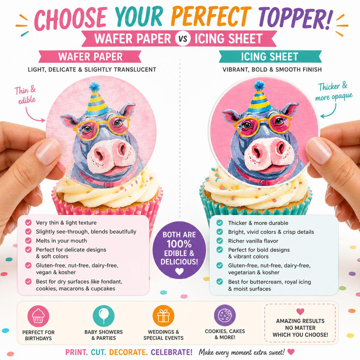 Safari cake topper set with cute jungle animals for cakes, cupcakes, and party desserts. Edible toppers printed on wafer paper or frosting sheets, perfect for Wild One birthdays, safari baby showers, zoo & jungle themed parties. Colorful decorations for dessert tables. Set of 12 edible toppers, easy to apply on cakes, cookies & cupcakes