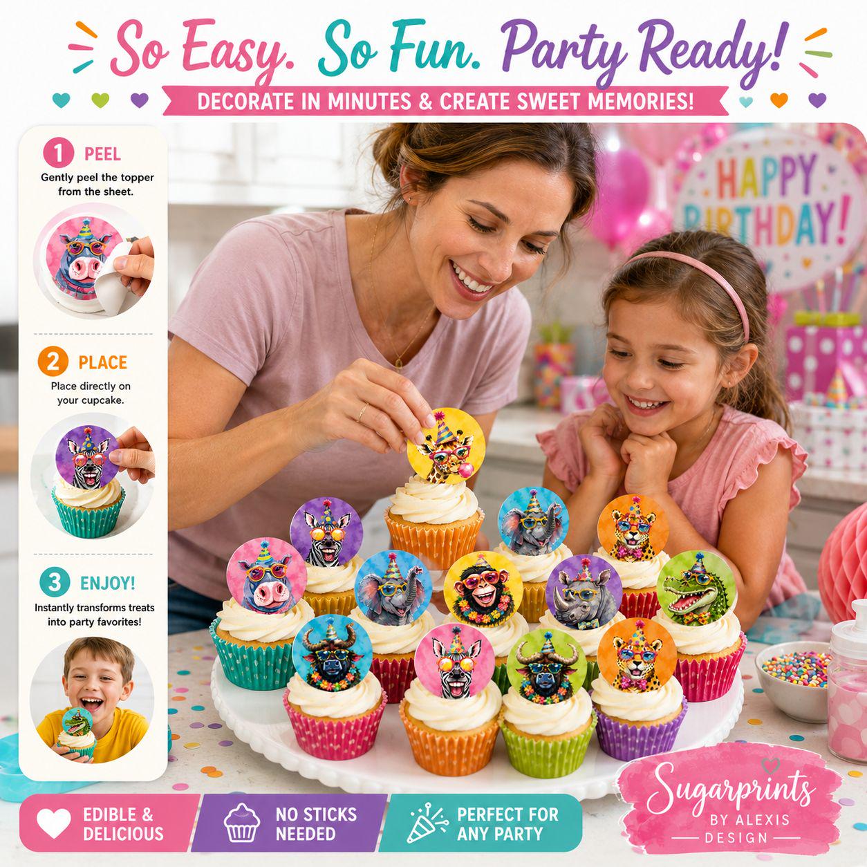 Safari cake topper set with cute jungle animals for cakes, cupcakes, and party desserts. Edible toppers printed on wafer paper or frosting sheets, perfect for Wild One birthdays, safari baby showers, zoo & jungle themed parties. Colorful decorations for dessert tables. Set of 12 edible toppers, easy to apply on cakes, cookies & cupcakes