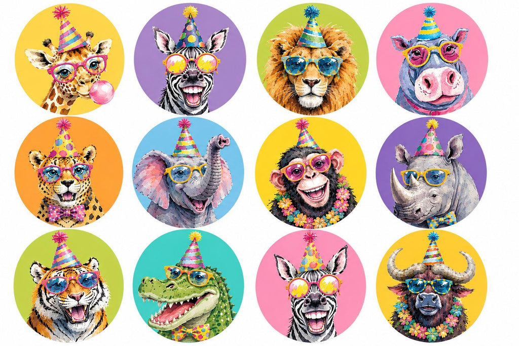 Safari cake topper set with cute jungle animals for cakes, cupcakes, and party desserts. Edible toppers printed on wafer paper or frosting sheets, perfect for Wild One birthdays, safari baby showers, zoo & jungle themed parties. Colorful decorations for dessert tables. Set of 12 edible toppers, easy to apply on cakes, cookies & cupcakes