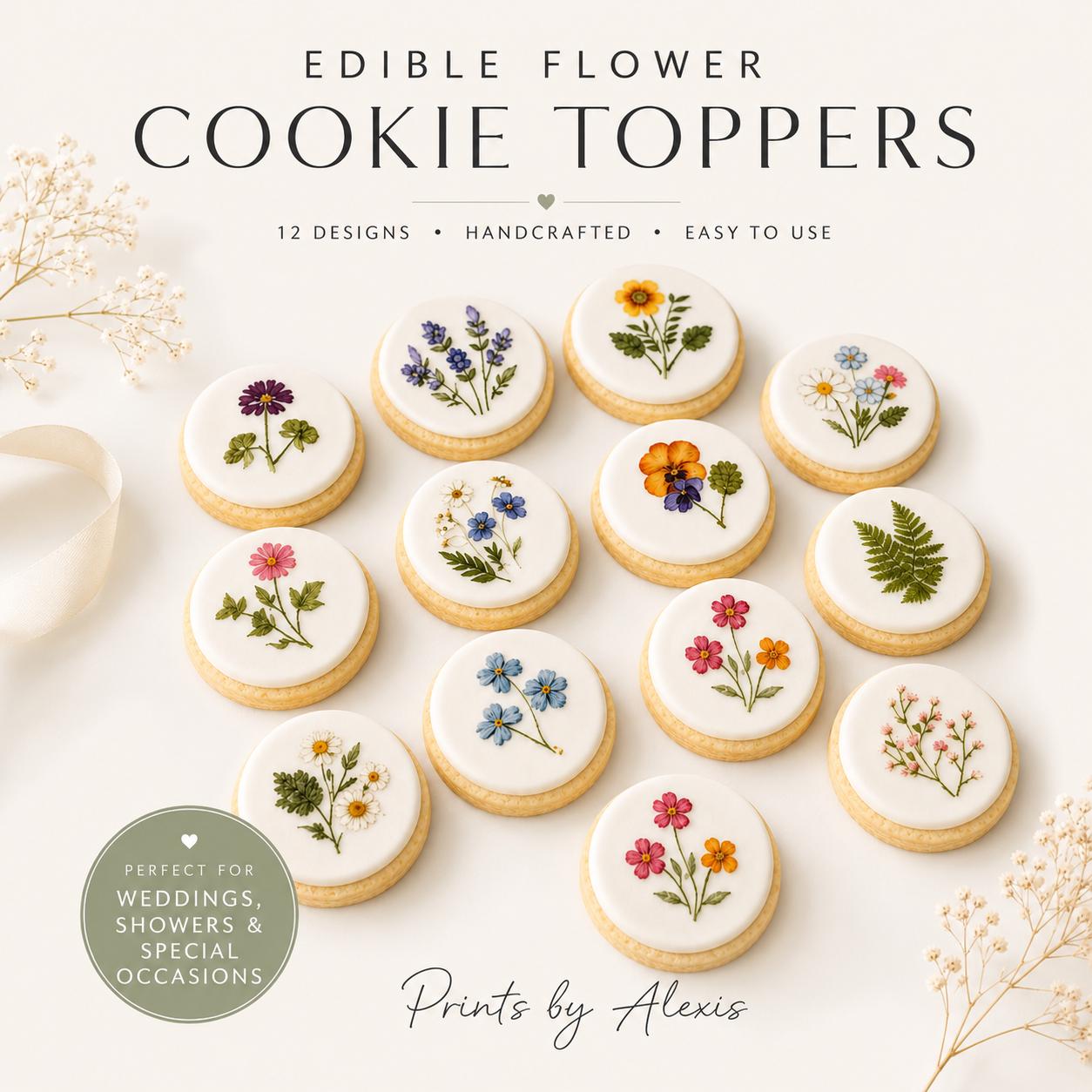 Wildflower Pressed Flower Cookie Toppers, Edible Floral Circles, Wafer Paper or Icing Sheet Decorations
 Pressed Flower Edible Cookie Toppers Set of 12 Wafer Paper or Icing Sheet Wildflower Designs Wedding, Bridal Shower, Garden Party Cake Decor