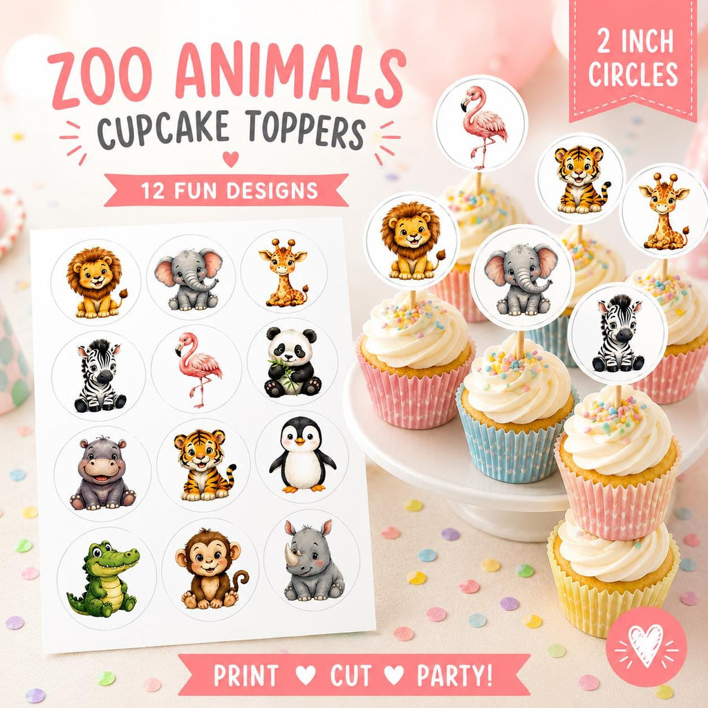 Set of 12 adorable Zoo animal edible cupcake toppers Custom Zoo Animal Cupcake Toppers Edible Zoo Birthday Decor Add Any Name Wafer Paper or Icing Sheet Set of 12