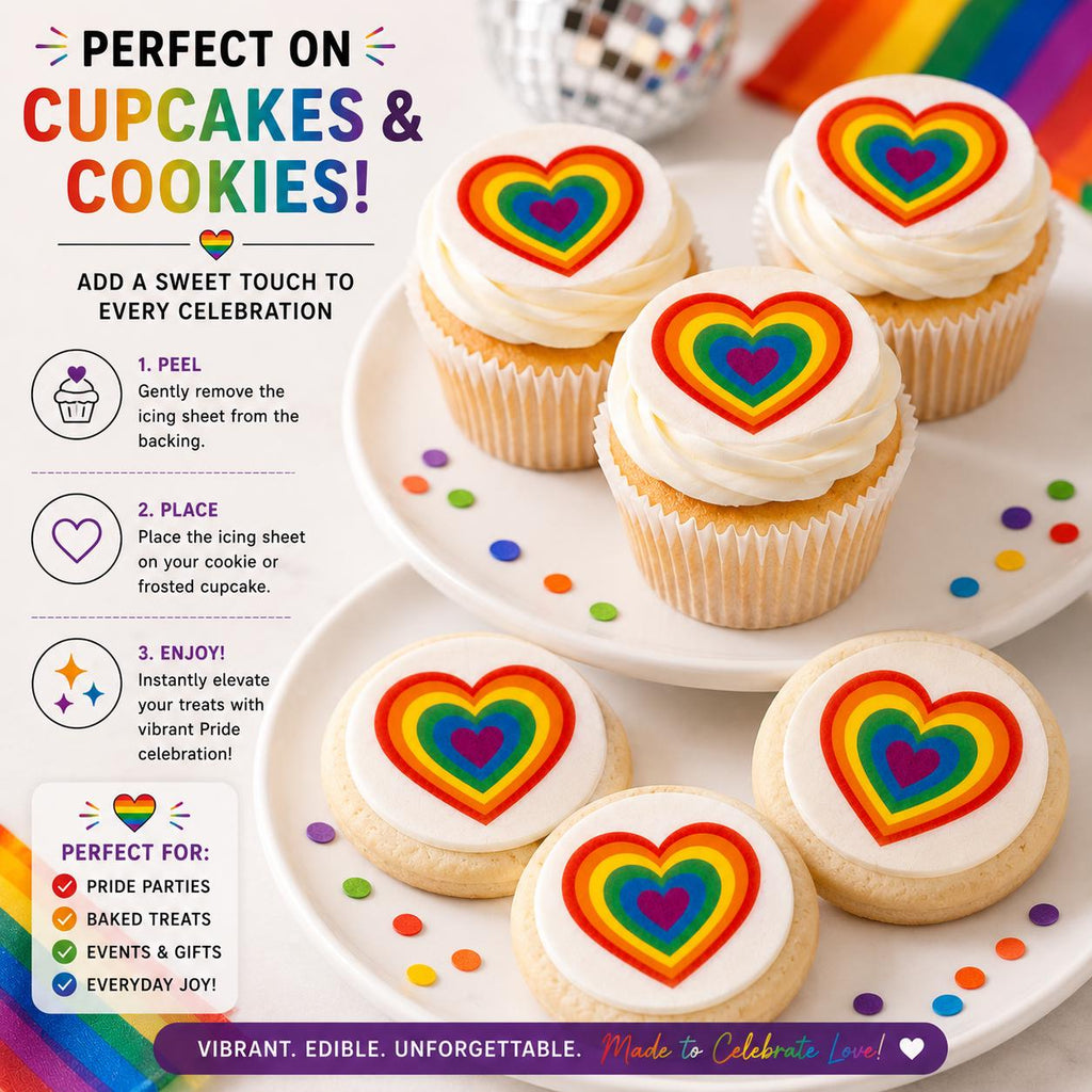 Set of 12 Pride-themed edible toppers displayed in bright rainbow colors, designed for drinks, cupcakes, cookies, and party desserts. The collection includes wafer paper and icing sheet options, featuring vibrant LGBTQ+ inspired designs. Perfect for Pride Month celebrations, weddings, birthdays, and themed events. The toppers add a festive decorative touch to beverages and baked treats, enhancing table presentation with colorful, joyful accents. Ideal for parties and pride parades booths.