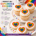 Set of 12 Pride-themed edible toppers displayed in bright rainbow colors, designed for drinks, cupcakes, cookies, and party desserts. The collection includes wafer paper and icing sheet options, featuring vibrant LGBTQ+ inspired designs. Perfect for Pride Month celebrations, weddings, birthdays, and themed events. The toppers add a festive decorative touch to beverages and baked treats, enhancing table presentation with colorful, joyful accents. Ideal for parties and pride parades booths.