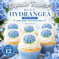Blue hydrangea edible cupcake toppers displayed on frosted vanilla cupcakes with elegant white and blue text overlay reading “Cupcake Toppers,” featuring edible wafer paper or frosting sheet decorations in a soft floral themed image.