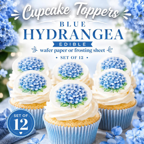 Blue hydrangea edible cupcake toppers displayed on frosted vanilla cupcakes with elegant white and blue text overlay reading “Cupcake Toppers,” featuring edible wafer paper or frosting sheet decorations in a soft floral themed image.