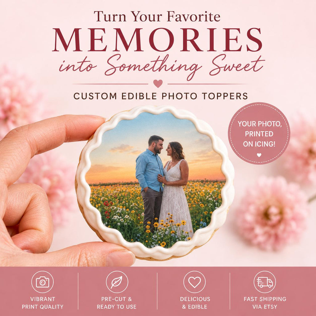 Custom wedding photo edible cookie toppers printed on icing sheets, featuring personalized images for wedding or engagement celebrations. These edible circles are designed to be placed on cookies, cake pops, and desserts, adding a unique and meaningful touch to party favors and dessert tables. Made with food-safe ink, they offer vibrant and clear photo details, perfect for DIY baking projects, weddings, bridal showers, and special occasions
