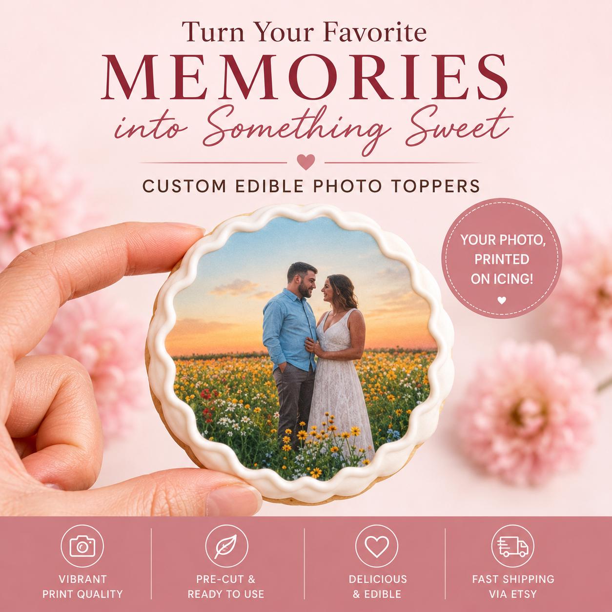 Custom wedding photo edible cookie toppers printed on icing sheets, featuring personalized images for wedding or engagement celebrations. These edible circles are designed to be placed on cookies, cake pops, and desserts, adding a unique and meaningful touch to party favors and dessert tables. Made with food-safe ink, they offer vibrant and clear photo details, perfect for DIY baking projects, weddings, bridal showers, and special occasions