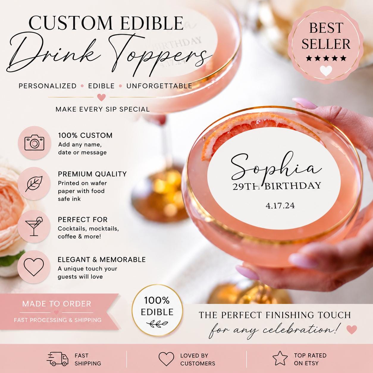 CUSTOM BIRTHDAY Drink Toppers: EDIBLE Wafer Circles, Floating Cocktail Decor For Fall Parties