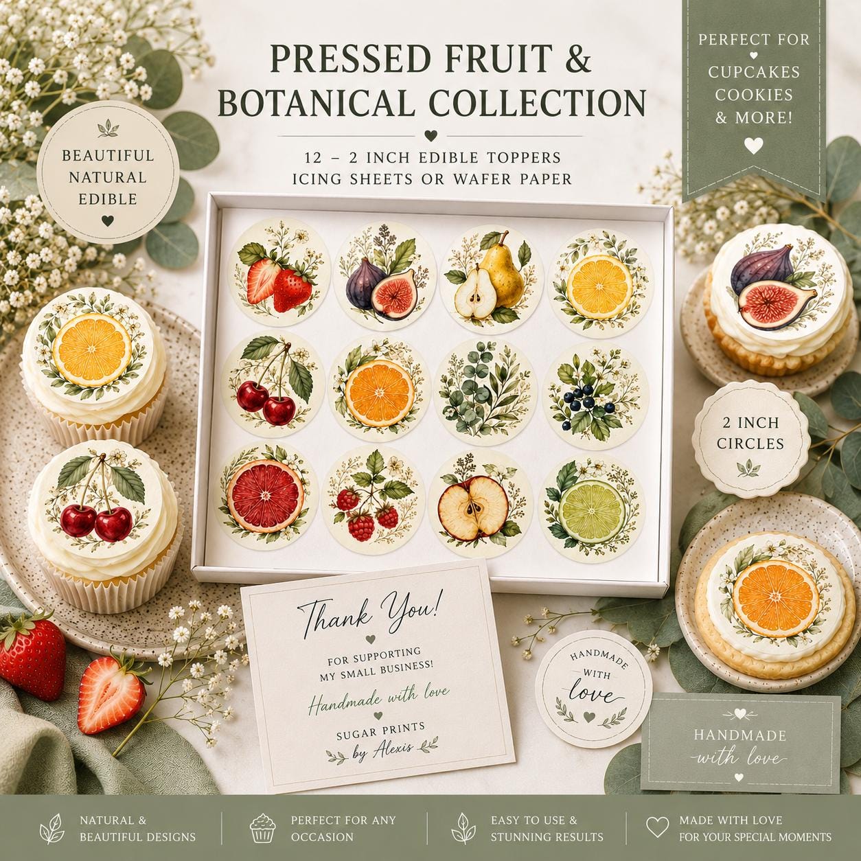 Pressed fruit and botanical edible toppers displayed on cupcakes and cookies with watercolor fruit designs including strawberries, cherries, pears, figs, citrus slices, and botanical leaves for elegant party desserts