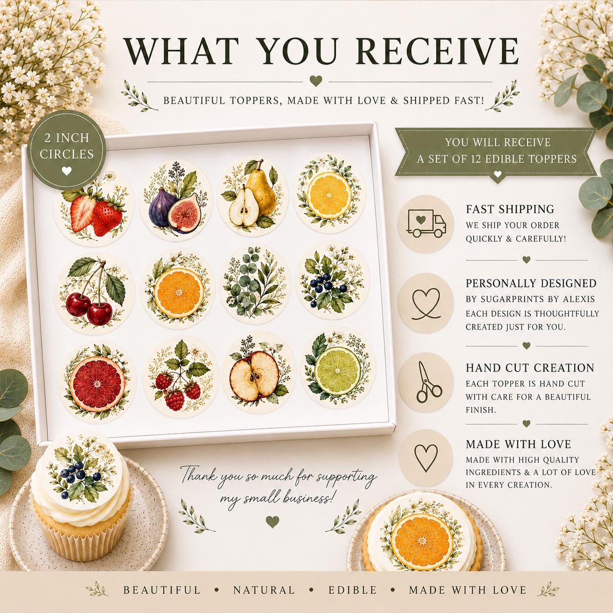 What you receive with pressed fruit edible toppers including a set of 12 precut 2-inch circles, fast shipping, hand-cut craftsmanship, and SugarPrints by Alexis custom designs.