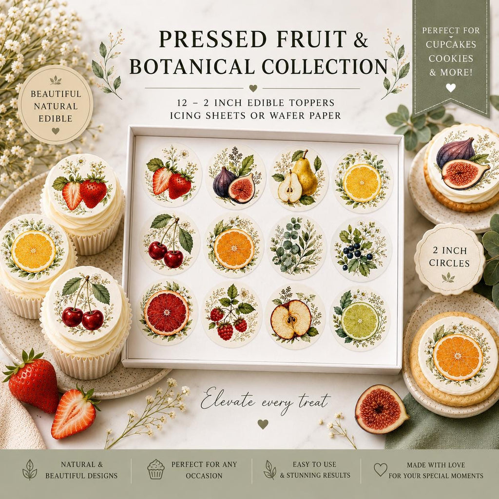 Elegant pressed fruit edible toppers styled on cupcakes and cookies in a summer garden setting with fresh flowers, berries, citrus fruit, and botanical accents.
