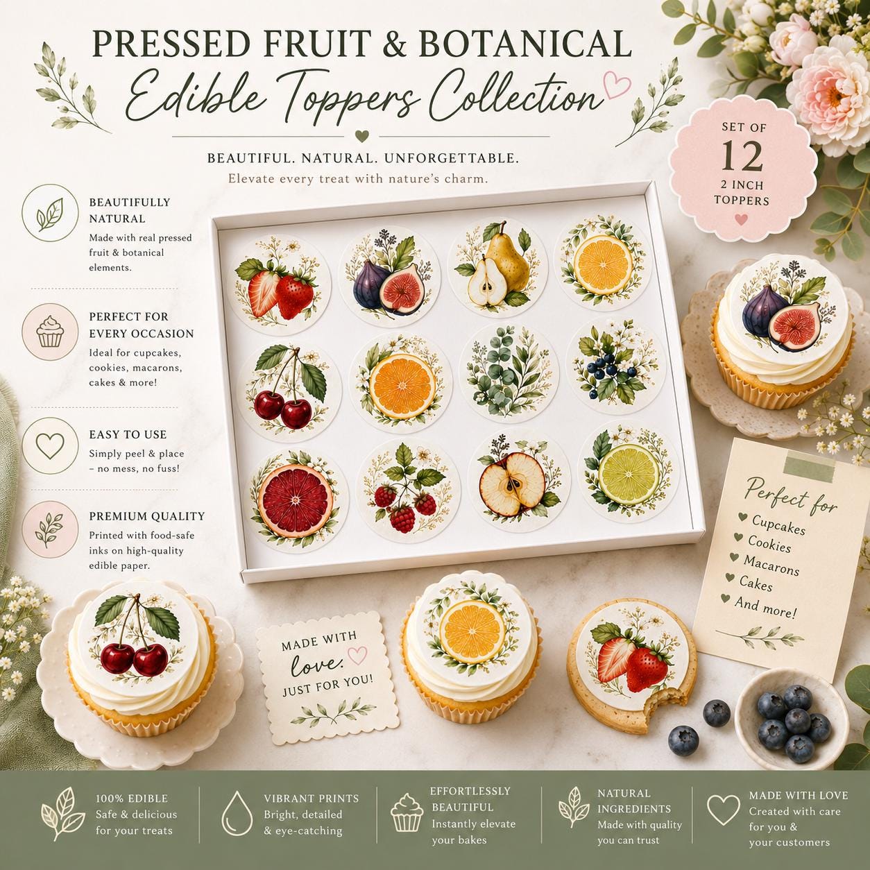 Pressed fruit and botanical edible topper collection displayed with cupcakes, cookies, floral accents, and packaging details highlighting premium quality and handmade craftsmanship.