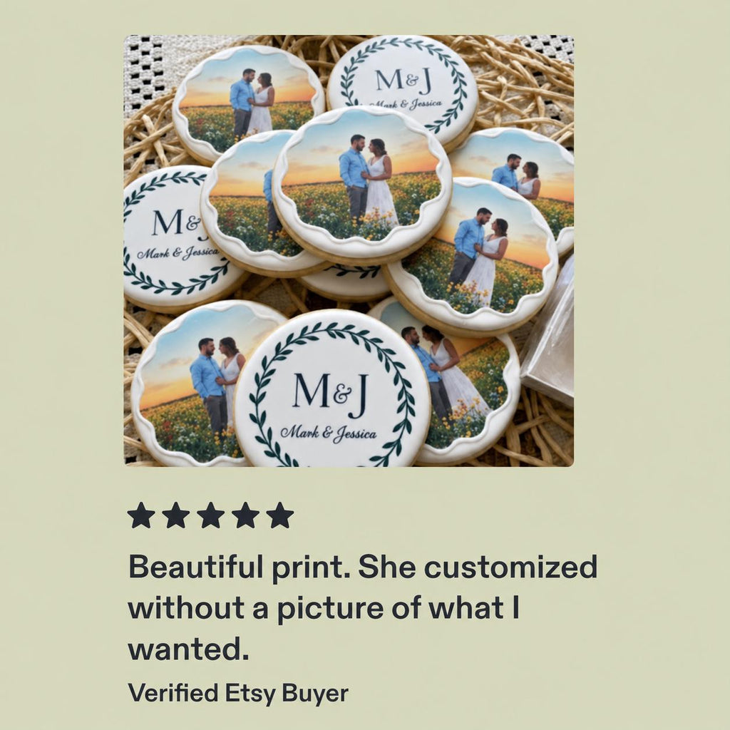 Custom wedding photo edible cookie toppers printed on icing sheets, featuring personalized images for wedding or engagement celebrations. These edible circles are designed to be placed on cookies, cake pops, and desserts, adding a unique and meaningful touch to party favors and dessert tables. Made with food-safe ink, they offer vibrant and clear photo details, perfect for DIY baking projects, weddings, bridal showers, and special occasions
