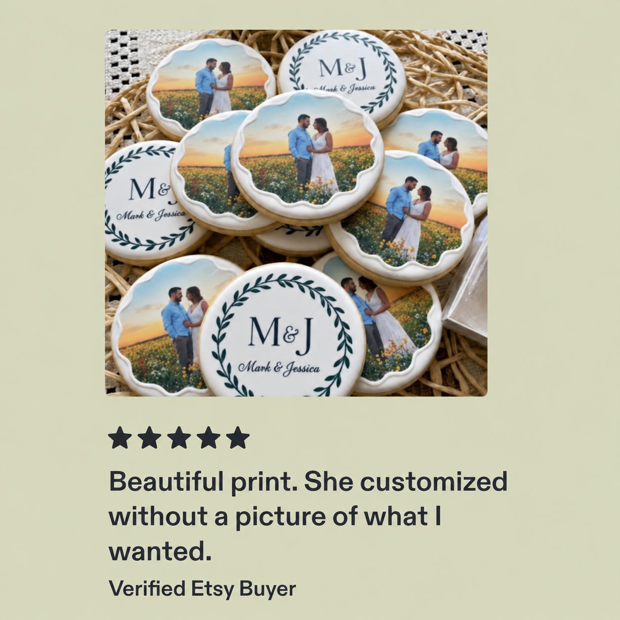 Custom wedding photo edible cookie toppers printed on icing sheets, featuring personalized images for wedding or engagement celebrations. These edible circles are designed to be placed on cookies, cake pops, and desserts, adding a unique and meaningful touch to party favors and dessert tables. Made with food-safe ink, they offer vibrant and clear photo details, perfect for DIY baking projects, weddings, bridal showers, and special occasions