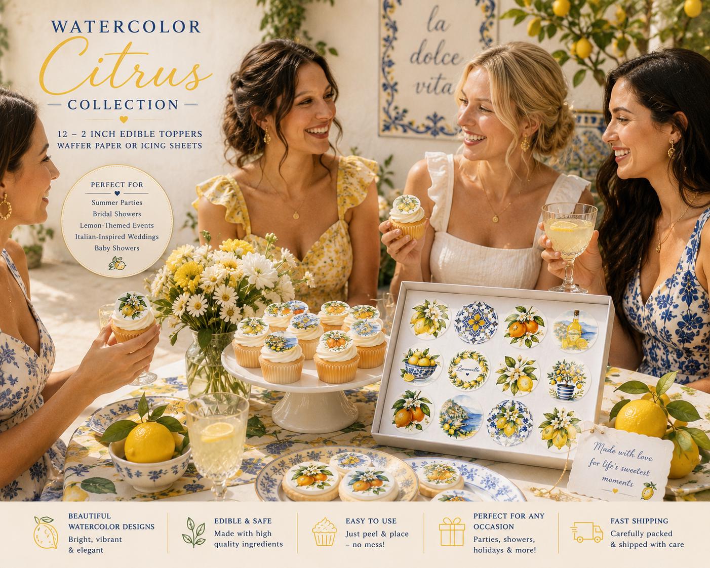 Elegant dessert table featuring Watercolor Citrus edible cupcake toppers on cupcakes and cookies surrounded by fresh lemons, flowers, and Mediterranean-inspired décor. Perfect for Italian-themed celebrations.
