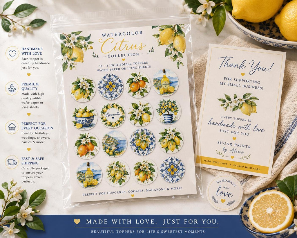 Watercolor Citrus edible toppers displayed on cupcakes and cookies with bright lemon-themed styling. Italian-inspired edible decorations for bridal showers, summer parties, and dessert tables.
