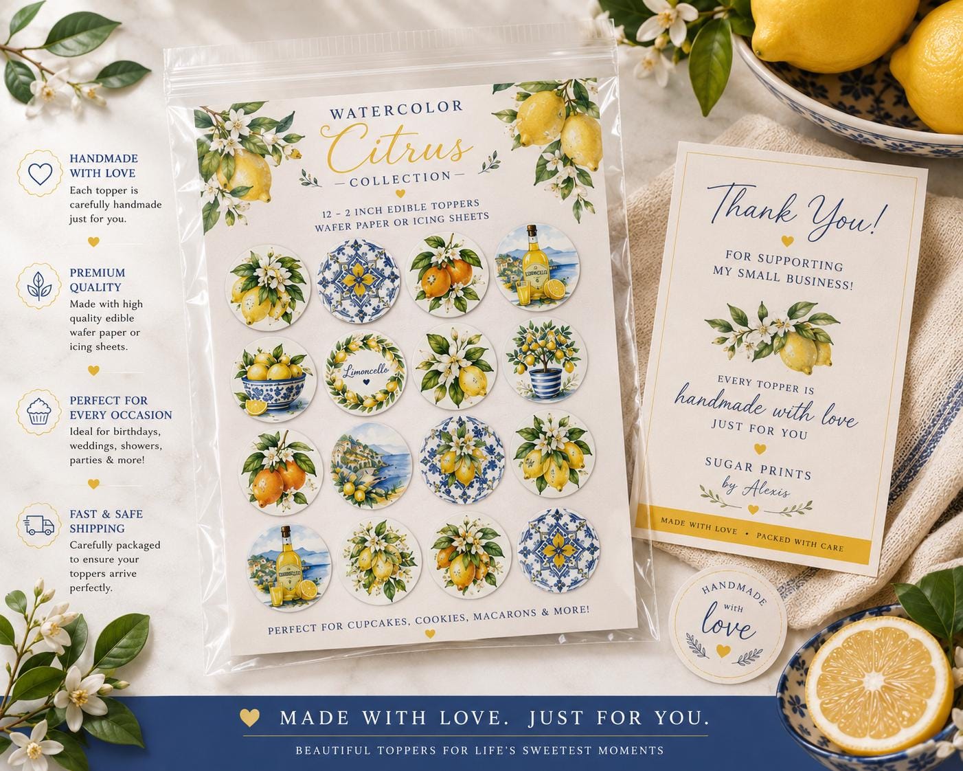 Watercolor Citrus edible toppers displayed on cupcakes and cookies with bright lemon-themed styling. Italian-inspired edible decorations for bridal showers, summer parties, and dessert tables.