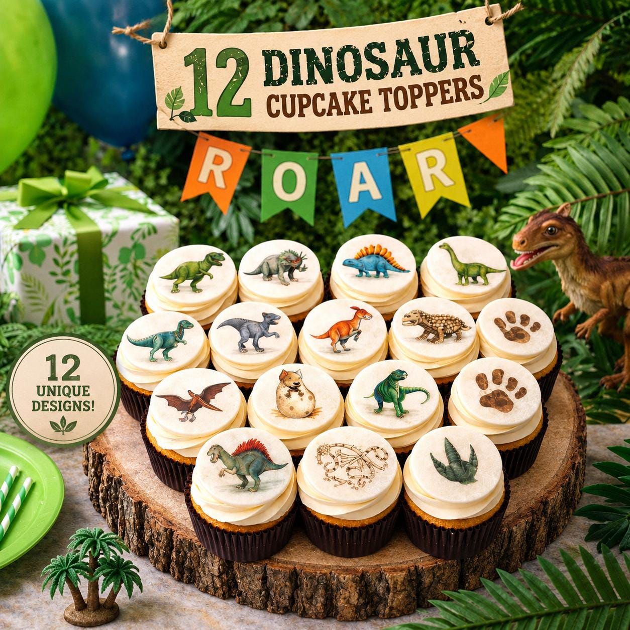 Dinosaur cupcake toppers hero image featuring a jungle-themed birthday party display with 12 unique edible dinosaur cupcake toppers on buttercream cupcakes arranged on a rustic wood slab. Colorful ROAR banner, tropical greenery, dinosaur figurine, balloons, and party decor create a fun prehistoric celebration scene perfect for dinosaur birthday parties, Jurassic-themed baby showers, and kids cupcake decorations.