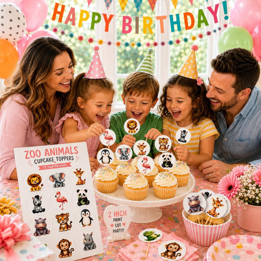 Child's Birthday Party for Custom Zoo Animal Cupcake Toppers Edible Zoo Birthday Decor Add Any Name Wafer Paper or Icing Sheet Set of 12