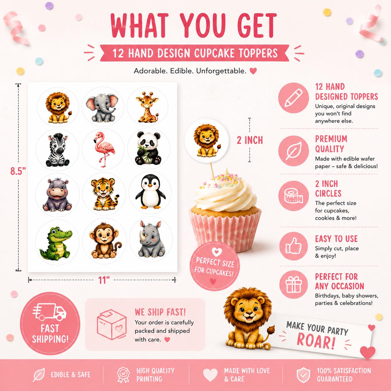 What you Get from SugarPrints by Alexis for the Custom Zoo Animal Cupcake Toppers Edible Zoo Birthday Decor Add Any Name Wafer Paper or Icing Sheet Set of 12